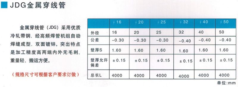 JDG金屬穿線管參數(shù)